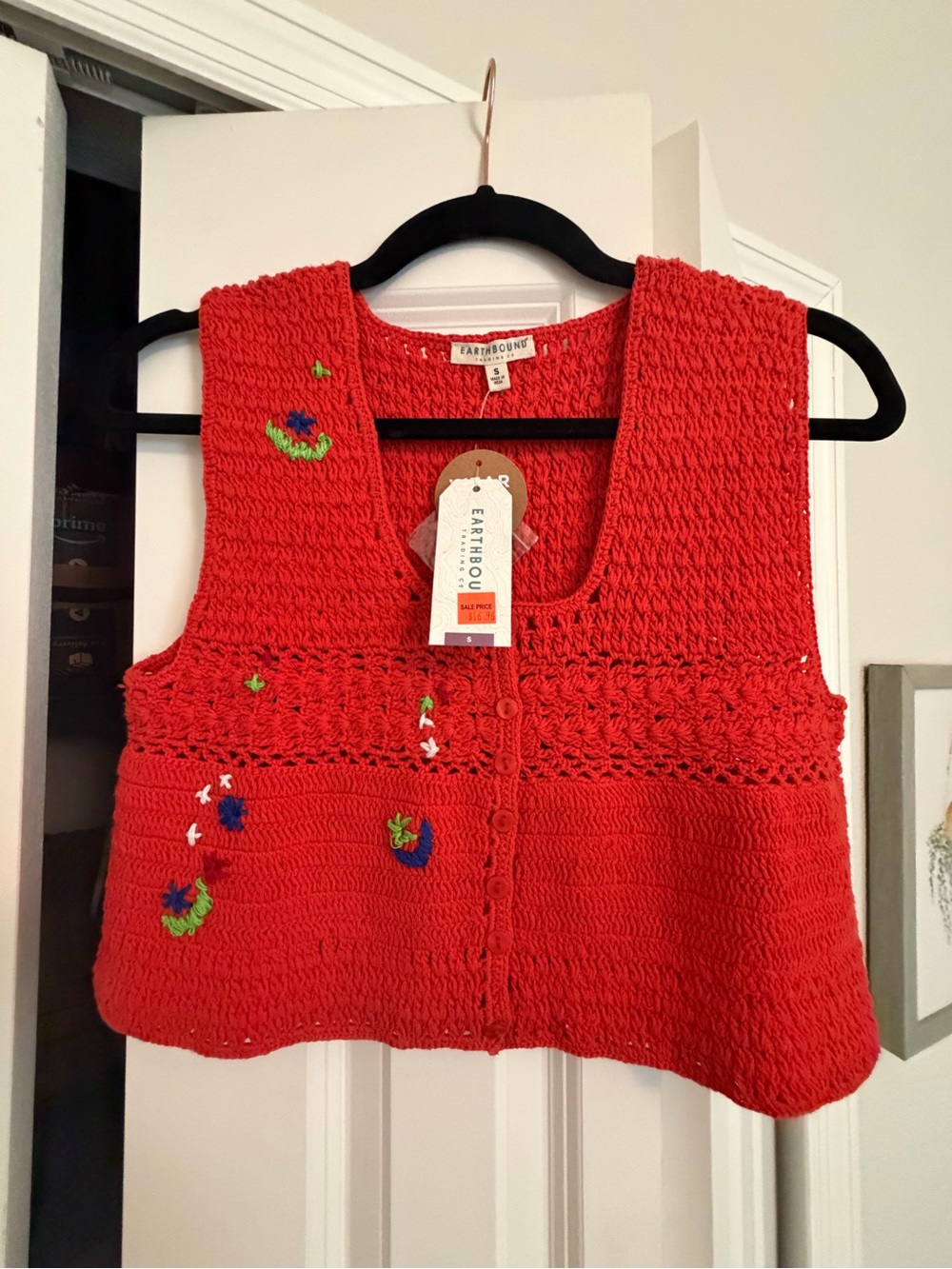 EARTHBOUND Red Crocheted Button-Front Vest with Multicolor Embroidery